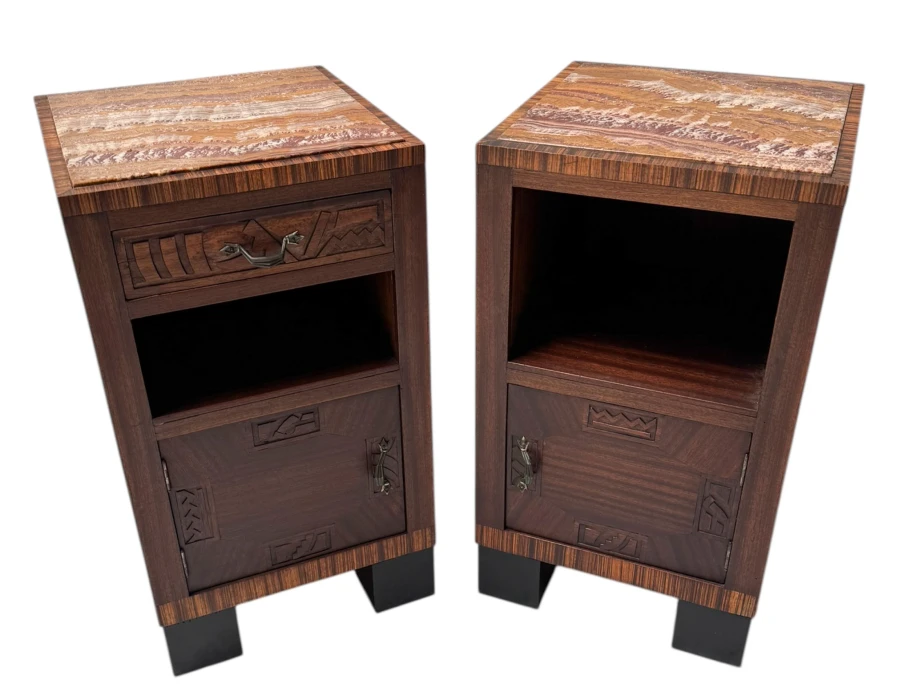 Two Art Deco Nightstands or Bedside Tables with Multi-Colored Marble Tops, 1930s